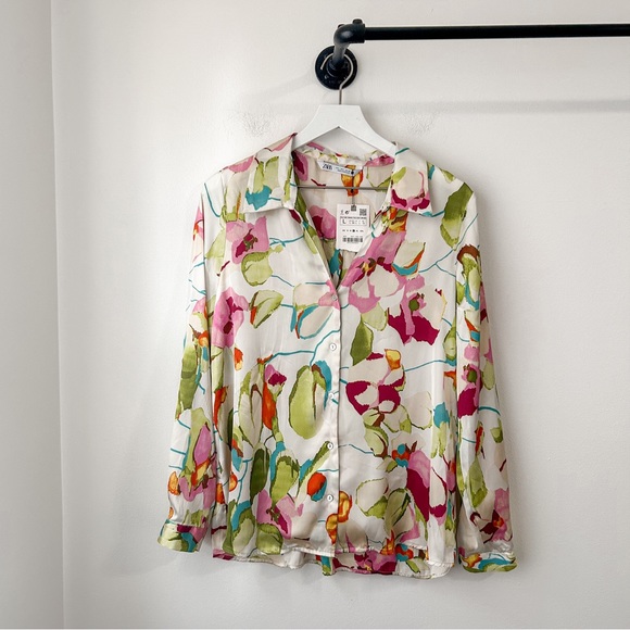 Zara Ivory Ecru Pink Floral Satin Blouse | Large - Picture 3 of 11